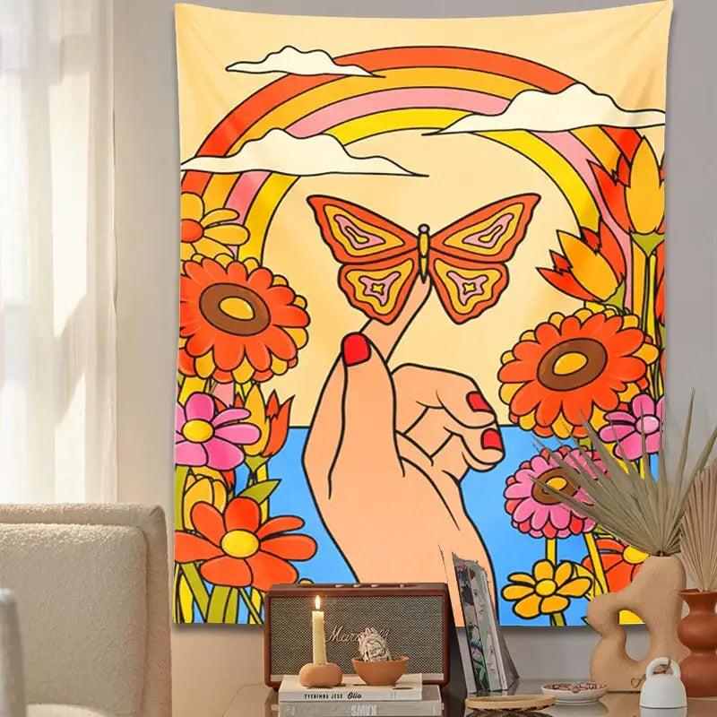 70s psychedelic butterfly rainbow tapestry bedroom wall art