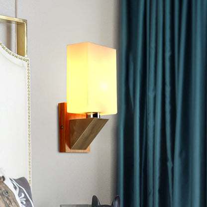 DecorBites™ Modern White Frosted Glass Cuboid Sconce - Wood Wall Lamp with Metal Base