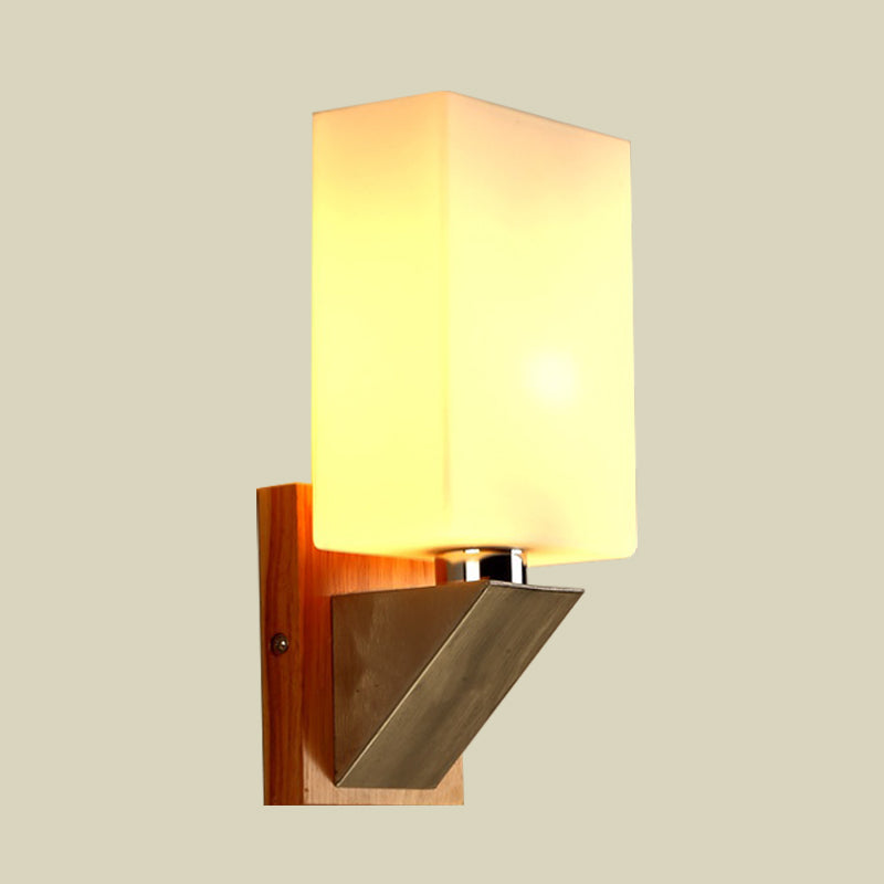 DecorBites™ Modern White Frosted Glass Cuboid Sconce - Wood Wall Lamp with Metal Base
