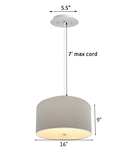 16" W 2 Light Pendant Light Oatmeal Linen Drum Shade with Diffuser, White Cord