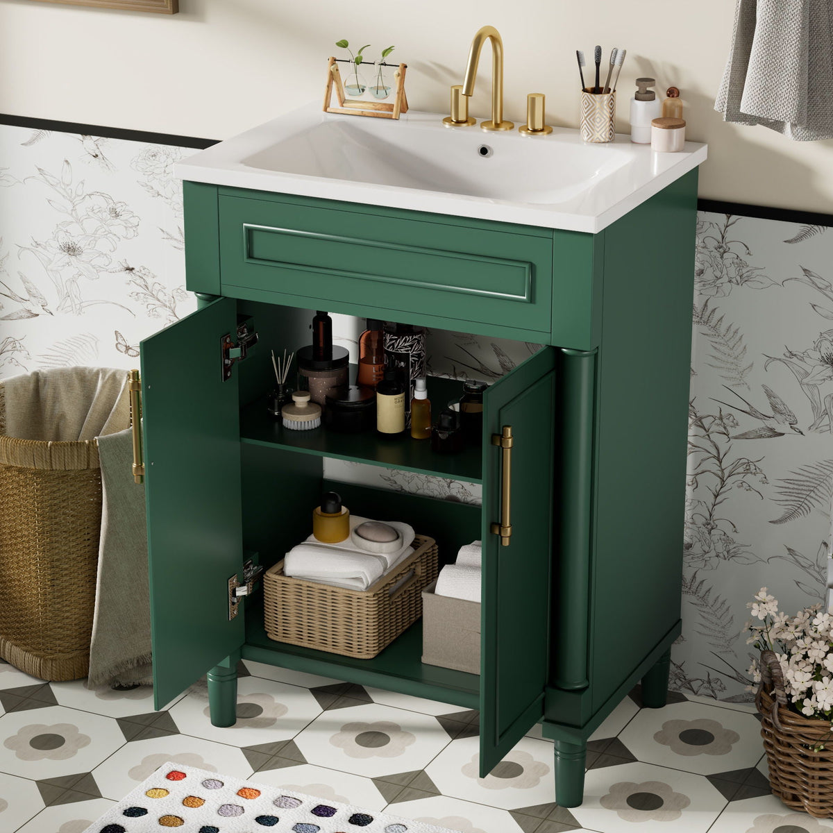 Bathroom Vanity With Integrated Sink, 2 Door Cabinet, Single Sink For Small To Medium Bathrooms