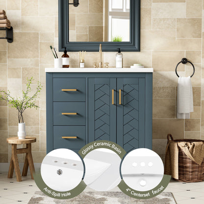 Ceramic Sink Combo, Freestanding Vanity Set With 3 Drawers & Soft Closing Doors