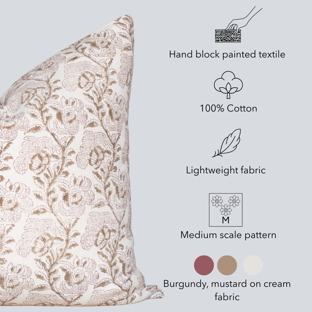 Magnolia Floral Block Printed Pillow Cover | Burgundy, Mustard