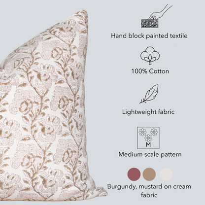 Magnolia Floral Block Printed Pillow Cover | Burgundy, Mustard