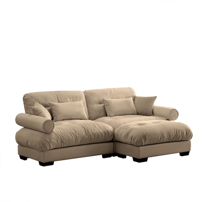 Modern Sectional Sofa With Ottoman, Round Bolster Armrests, Waist And Throw Pillows