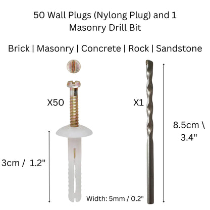 50 Piece Nylon Wall Plug & Masonry Drill Bit Installation Kit