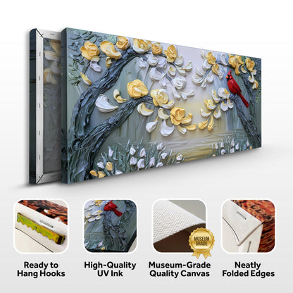Golden Petals and Scarlet Wings Impasto Wall Art