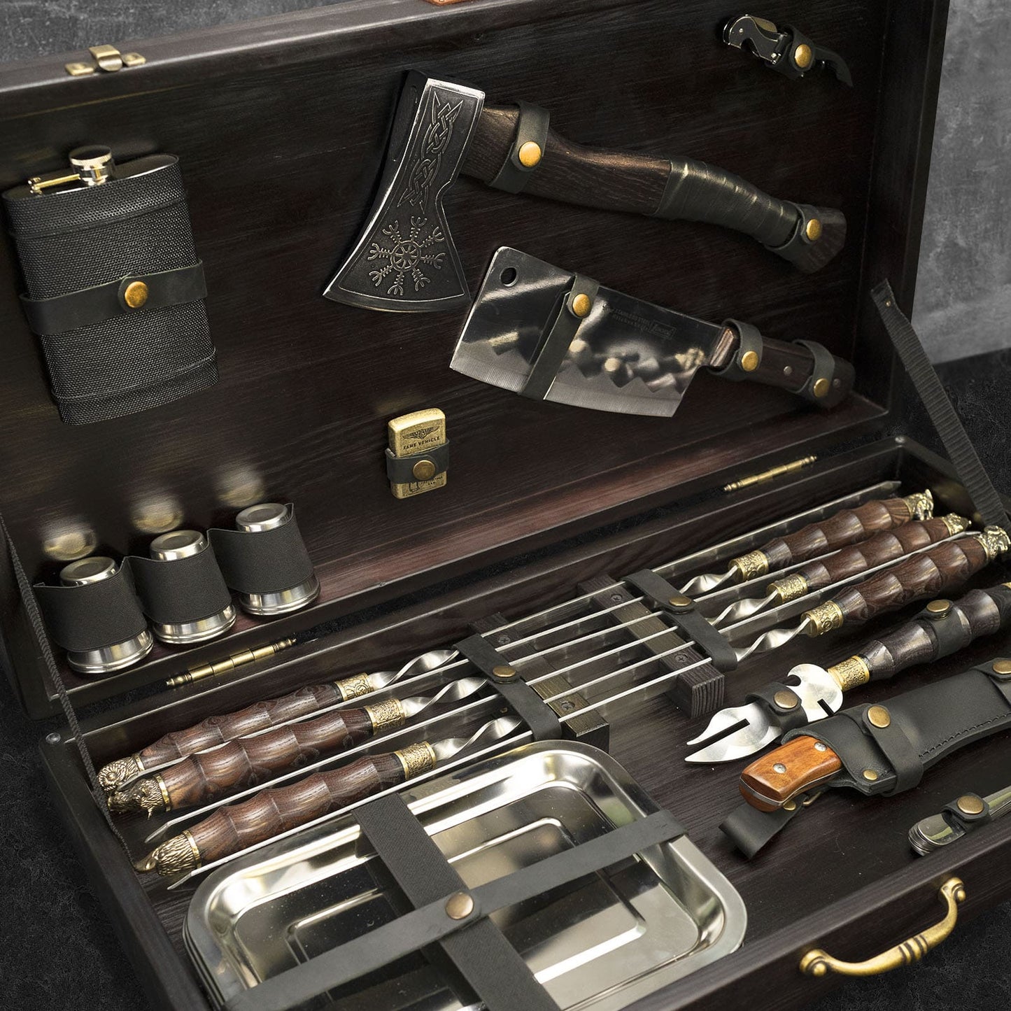 "Jotun" BBQ Tools Skewers Set in a Wooden Case, 32 items