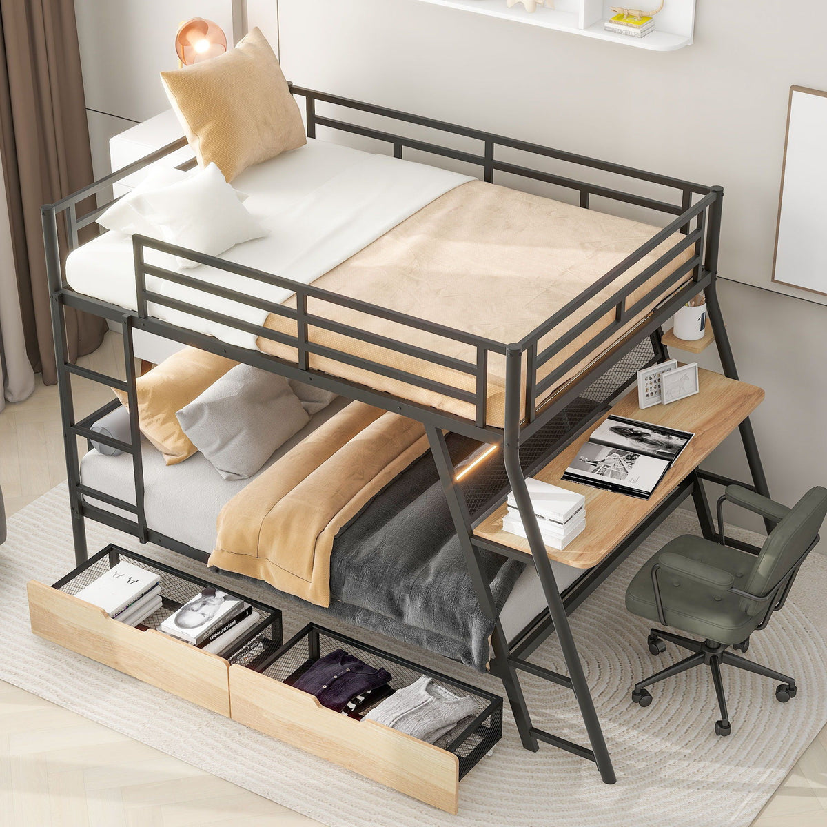 Full Size Bunk Bed With Built In Desk, Light, And 2 Drawers - Black
