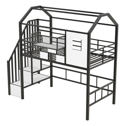 Metal Loft Bed With Roof Design And Storage Box With Guardrails And Integrated Ladder