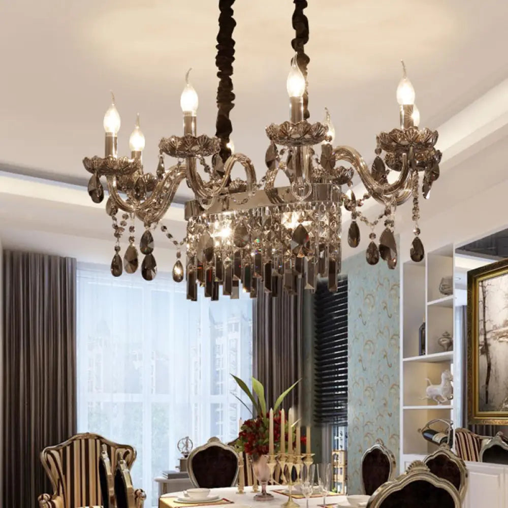 DecorBites™ 8-Light Island Pendant - Traditional Candelabra Style - Smoke Gray Crystal Suspension Lighting with Glass Lamp Saucer