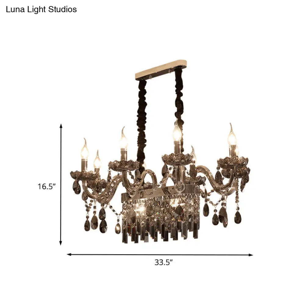 DecorBites™ 8-Light Island Pendant - Traditional Candelabra Style - Smoke Gray Crystal Suspension Lighting with Glass Lamp Saucer