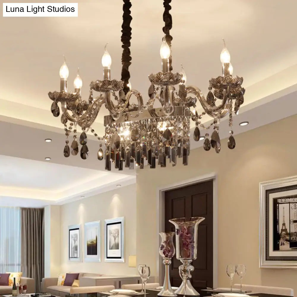 DecorBites™ 8-Light Island Pendant - Traditional Candelabra Style - Smoke Gray Crystal Suspension Lighting with Glass Lamp Saucer
