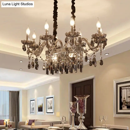 DecorBites™ 8-Light Island Pendant - Traditional Candelabra Style - Smoke Gray Crystal Suspension Lighting with Glass Lamp Saucer