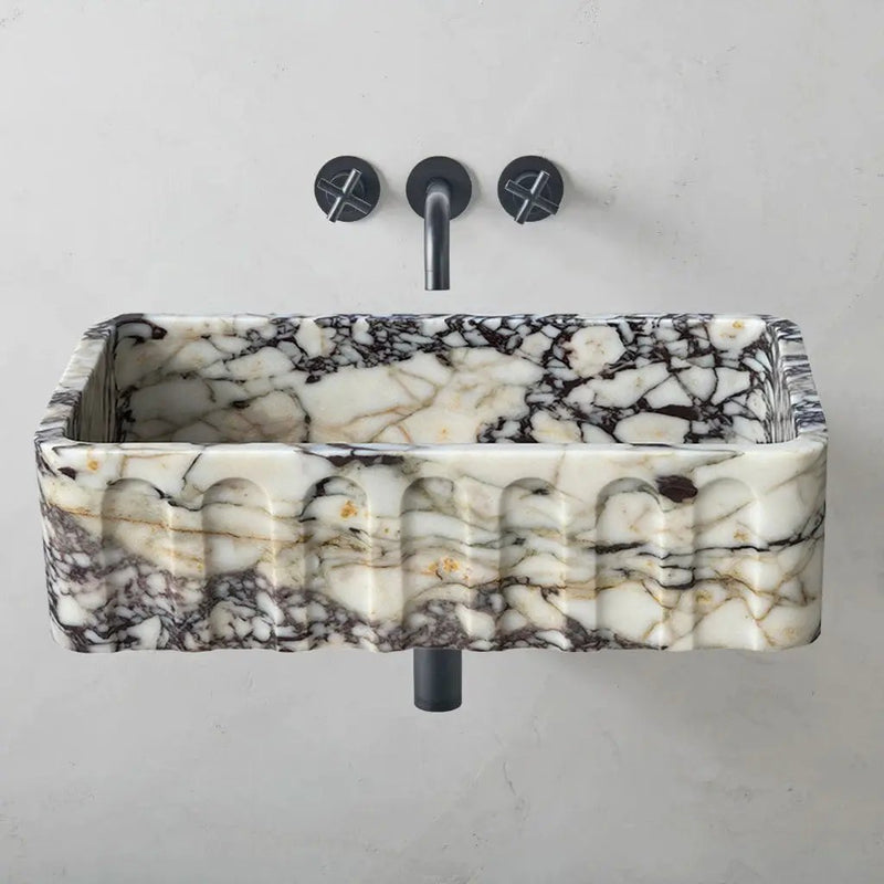 Calacatta Viola Wall Mount Bathroom Vanity Marble Sink White Gray Fluted Design 19x31 Inches