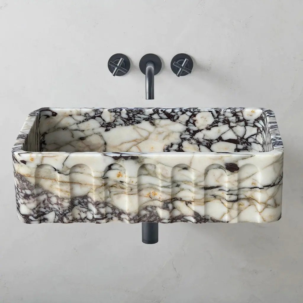 Calacatta Viola Wall Mount Bathroom Vanity Marble Sink White Gray Fluted Design 19x31 Inches