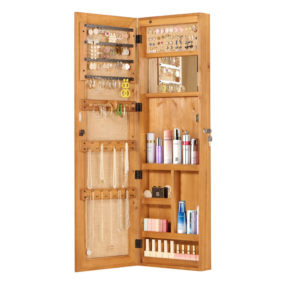 Jewelry Armoire Organizer With Full Length Mirror, Wall Mounted Lockable Cabinet With LED Light