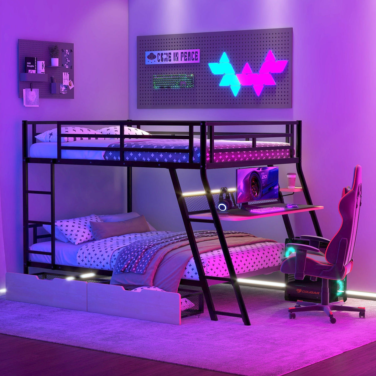 Full Size Bunk Bed With Built In Desk, Light, And 2 Drawers - Black