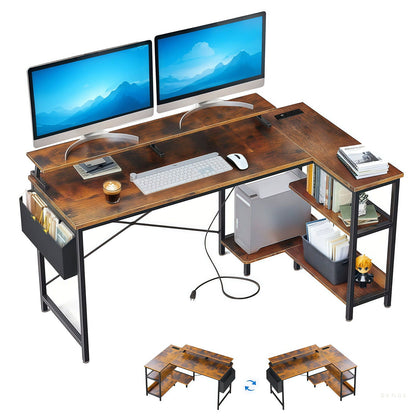 L-Shaped Gaming Desk With Power Outlets, Monitor Stand & Storage Shelves, Reversible Corner Workstation - Black / Brown