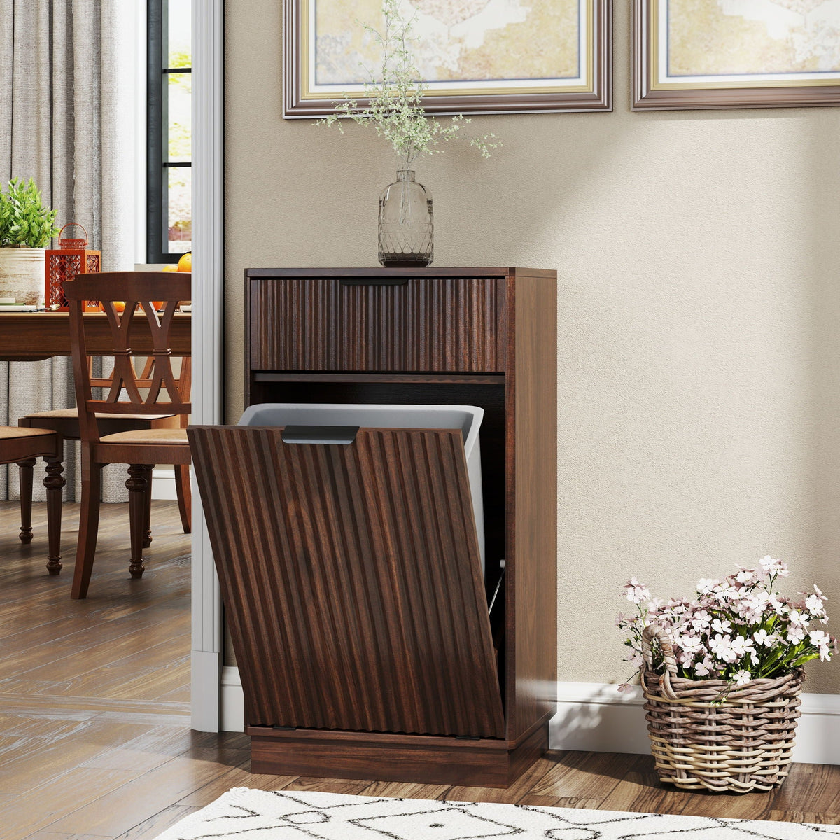 Tilt Out Trash Can Cabinet With Wave Textured Drawer & Pull Out Bin