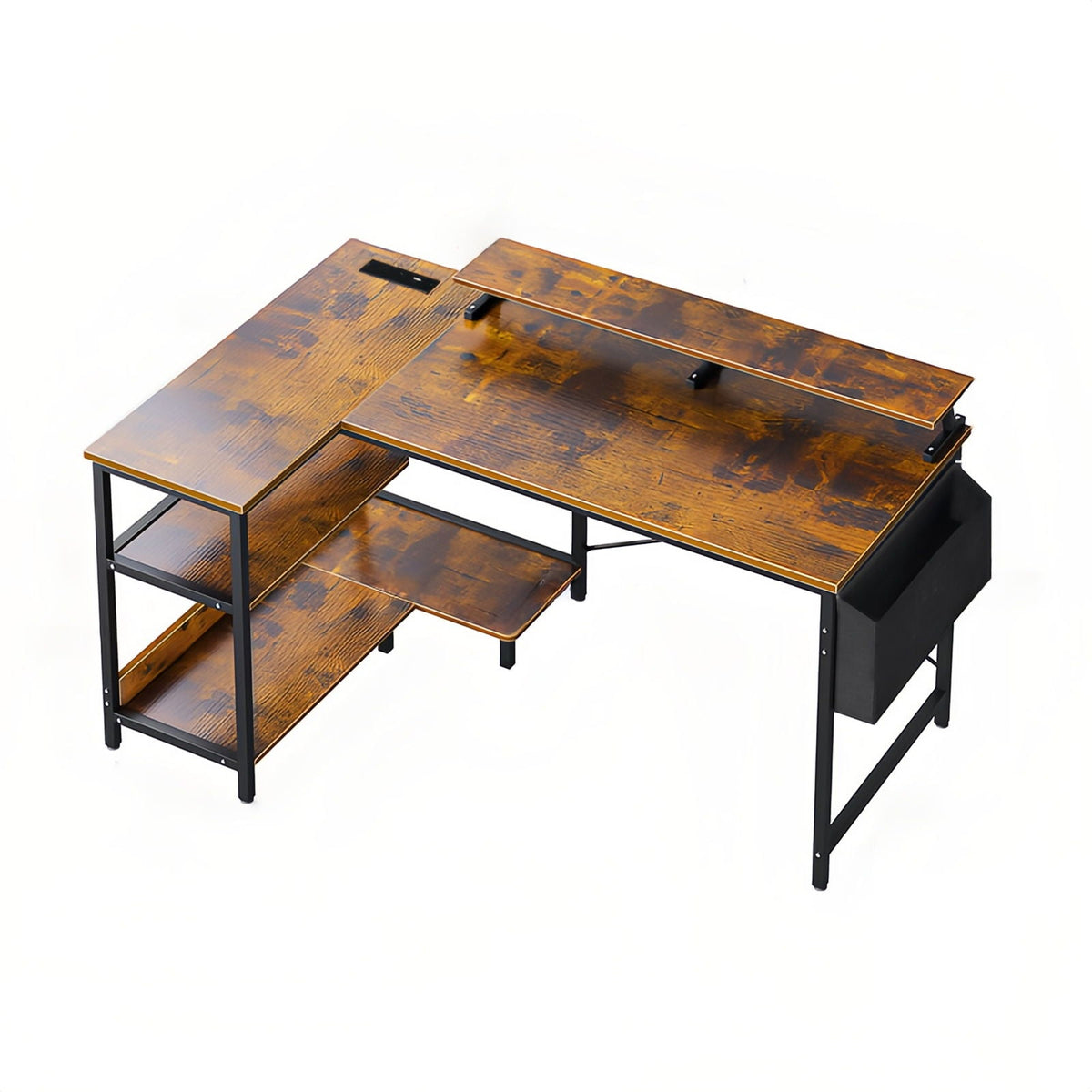 L-Shaped Gaming Desk With Power Outlets, Monitor Stand & Storage Shelves, Reversible Corner Workstation - Black / Brown