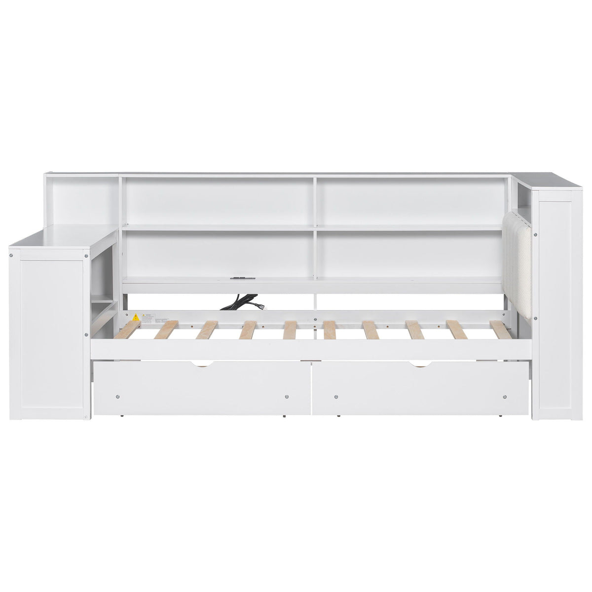 Platform Bed With Upholstered Headboard, Storage Shelves, Drawers, Charging Station, LED Lighting, Built In Desk