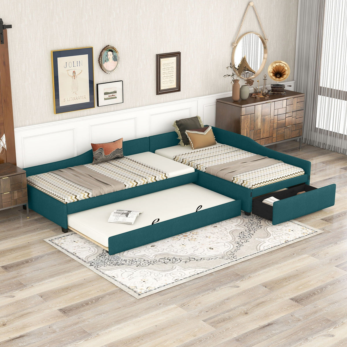 Upholstered Double Daybed With Trundle And Drawer