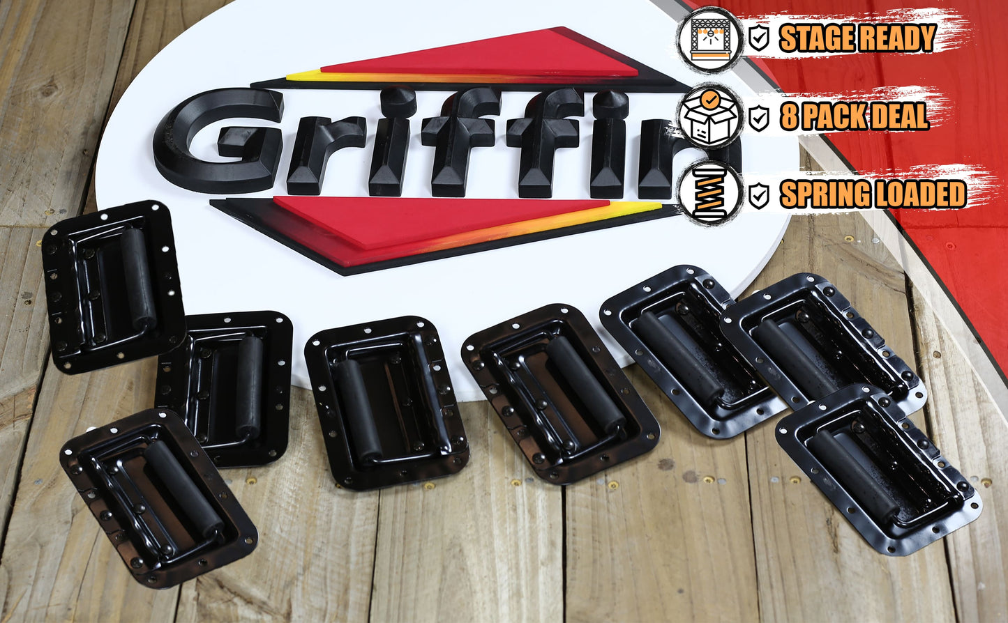 8 PACK - GRIFFIN Recessed Speaker Cabinet Handles for Rack Road Flight Case | Spring Loaded Flush Metal Flip Pull with Grip Rubber Padding for Trunk Chest Carry Case | DJ PA Pro-Audio Stage Gear Parts