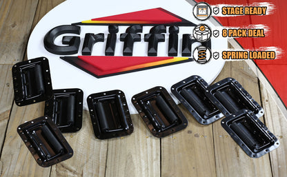 8 PACK - GRIFFIN Recessed Speaker Cabinet Handles for Rack Road Flight Case | Spring Loaded Flush Metal Flip Pull with Grip Rubber Padding for Trunk Chest Carry Case | DJ PA Pro-Audio Stage Gear Parts