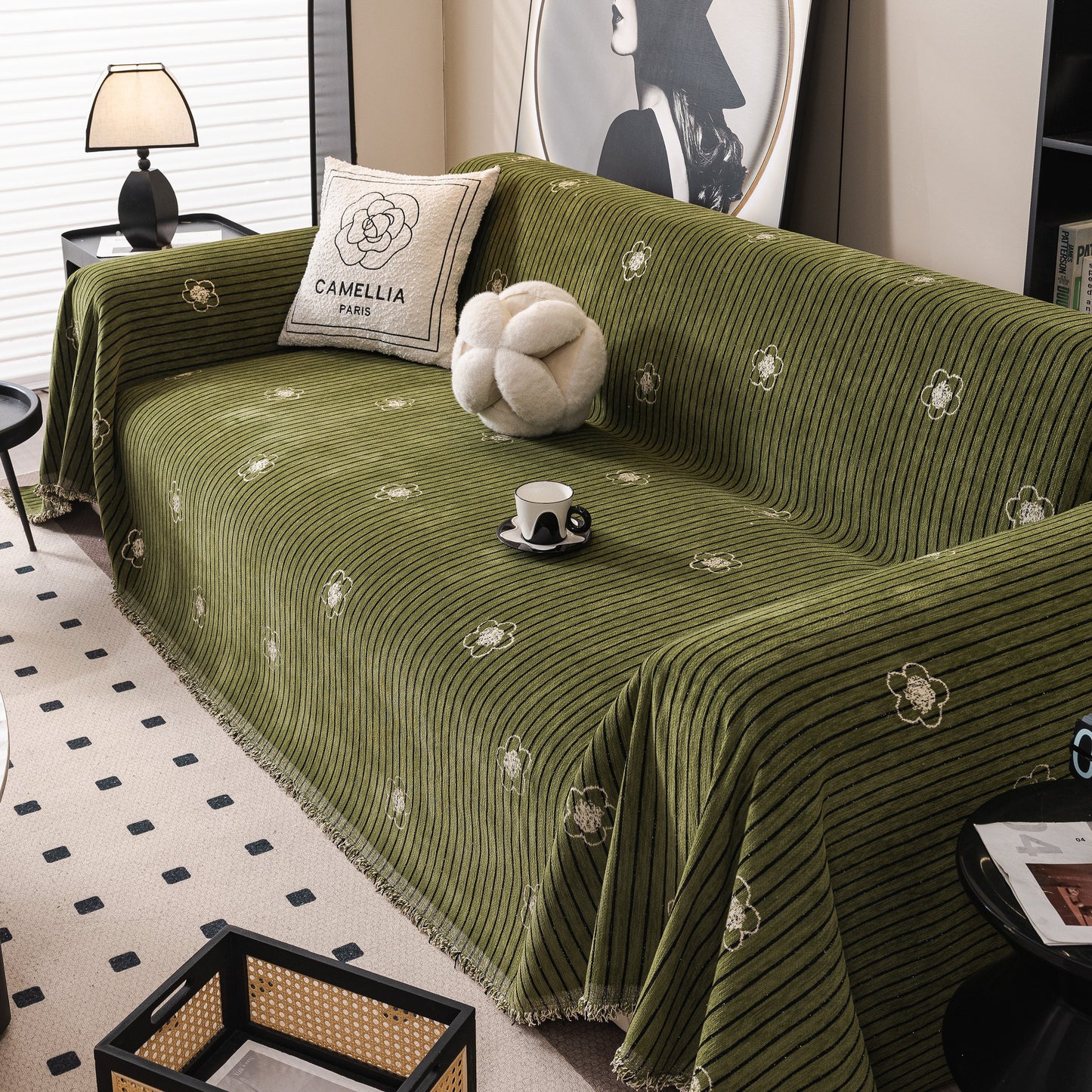 Chenille Camellia Floral Sofa Throw Cover Couch Blanket with Striped Jacquard