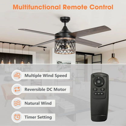 52" Mirelle Indoor Black Downrod Mounting Ceiling Fan with Light Kit and Remote