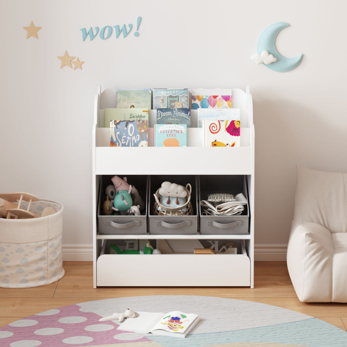 Bookshelf With Storage Bins And Drawer, Multi Functional Book Organizer For Toddlers - White