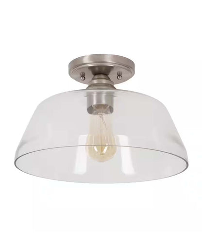 Catalina 13"W 1-Light Semi Flush Mount Vintage Light Fixture Brushed Nickel Finish with Glass Shade