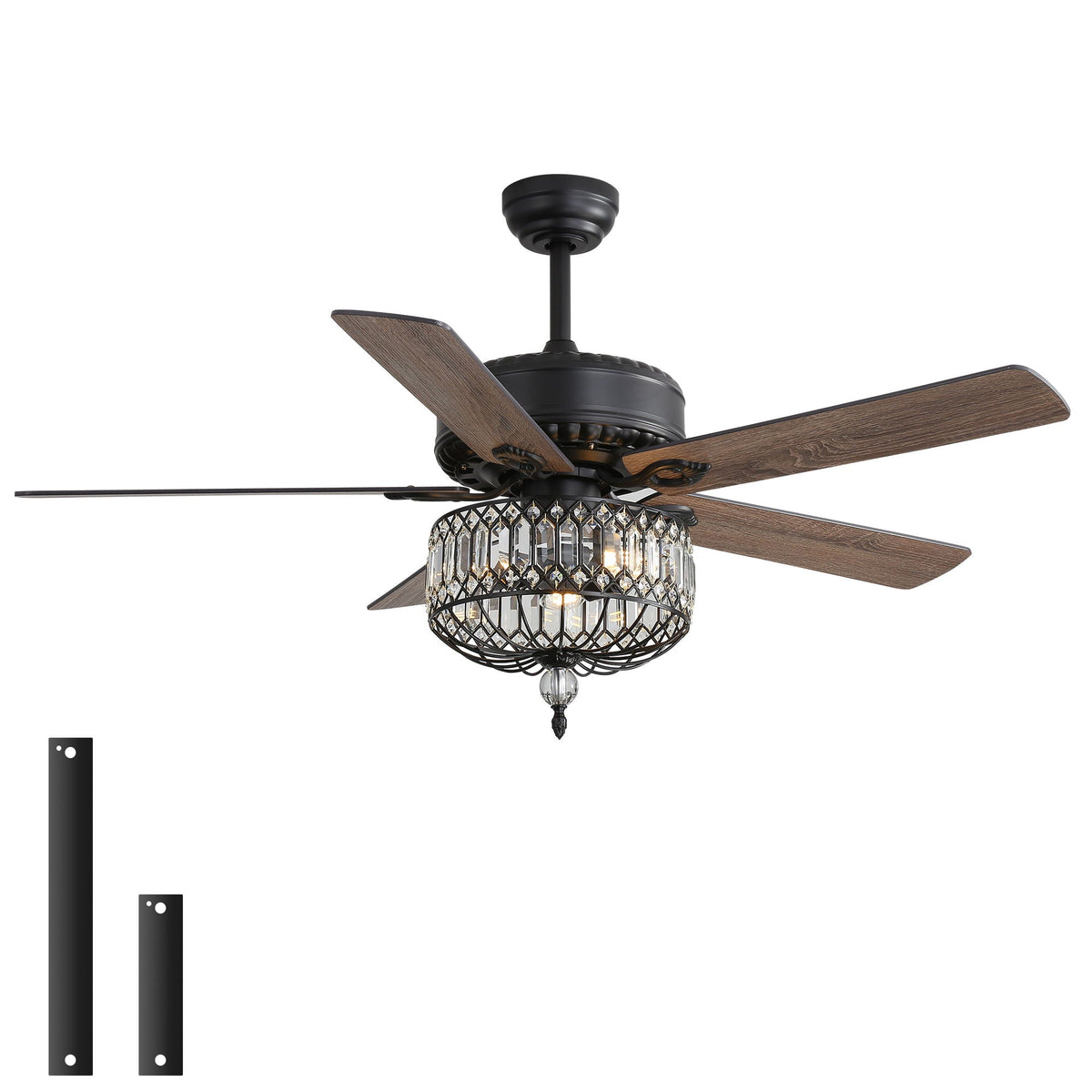 Ceiling Fan With Crystal Lampshade, 5 Blades, DC Motor, 6 Speed Remote Control, 1 / 4 / 8 Hour Timer - Black