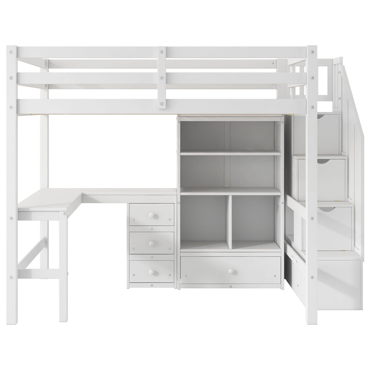 Loft Bed & L Shaped Desk, Drawers, Cabinet, And Storage Staircase