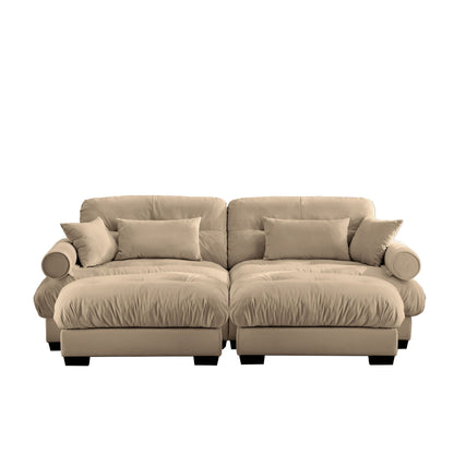 Modern Sectional Sofa With Ottoman, Round Bolster Armrests, Waist And Throw Pillows