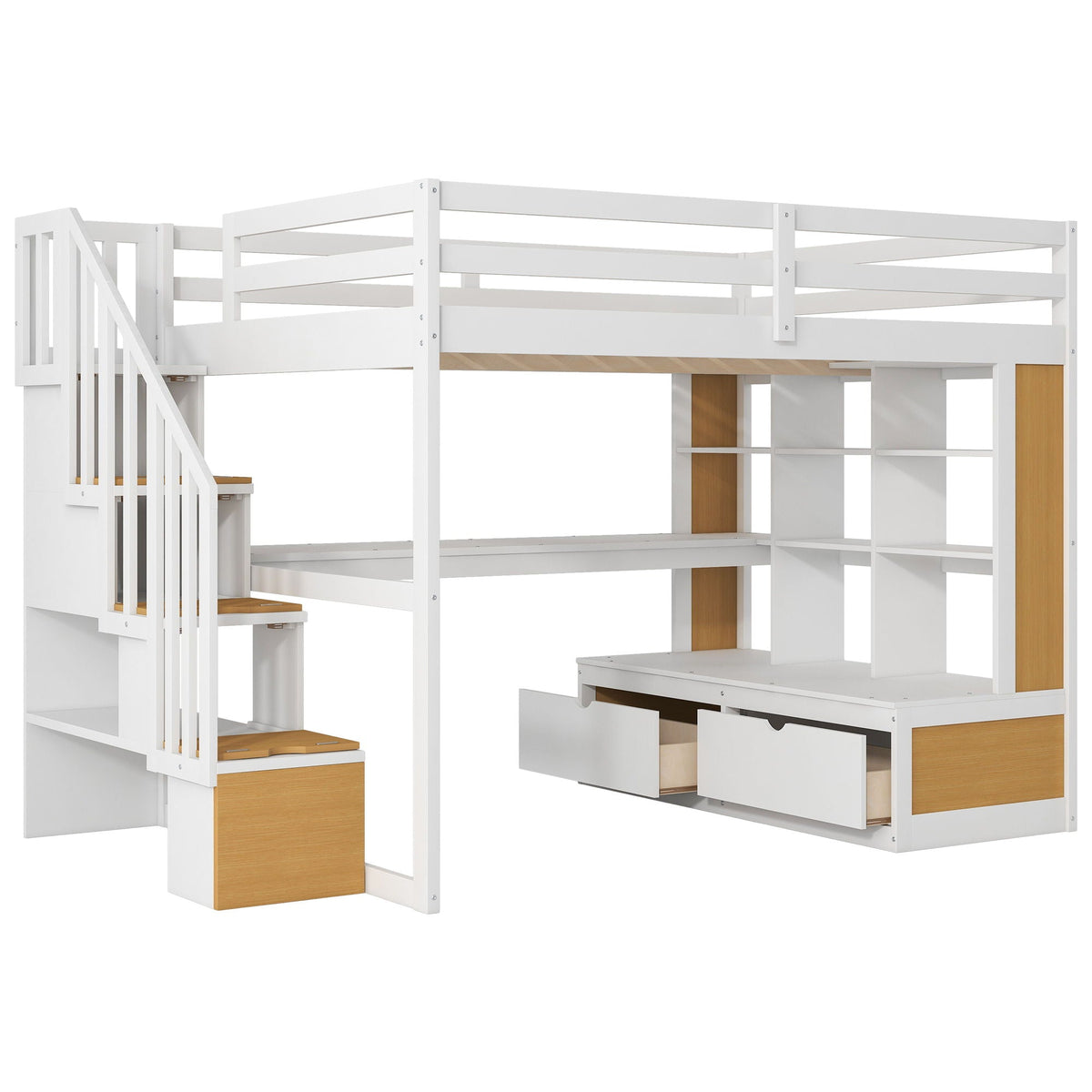 Full Size Loft Bed With Desk And Shelves, 2 Built In Drawers, Storage Staircase - Natural / White