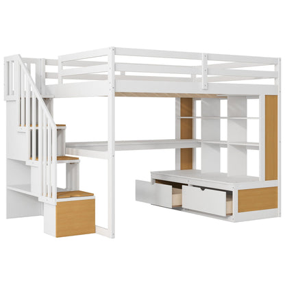 Full Size Loft Bed With Desk And Shelves, 2 Built In Drawers, Storage Staircase - Natural / White