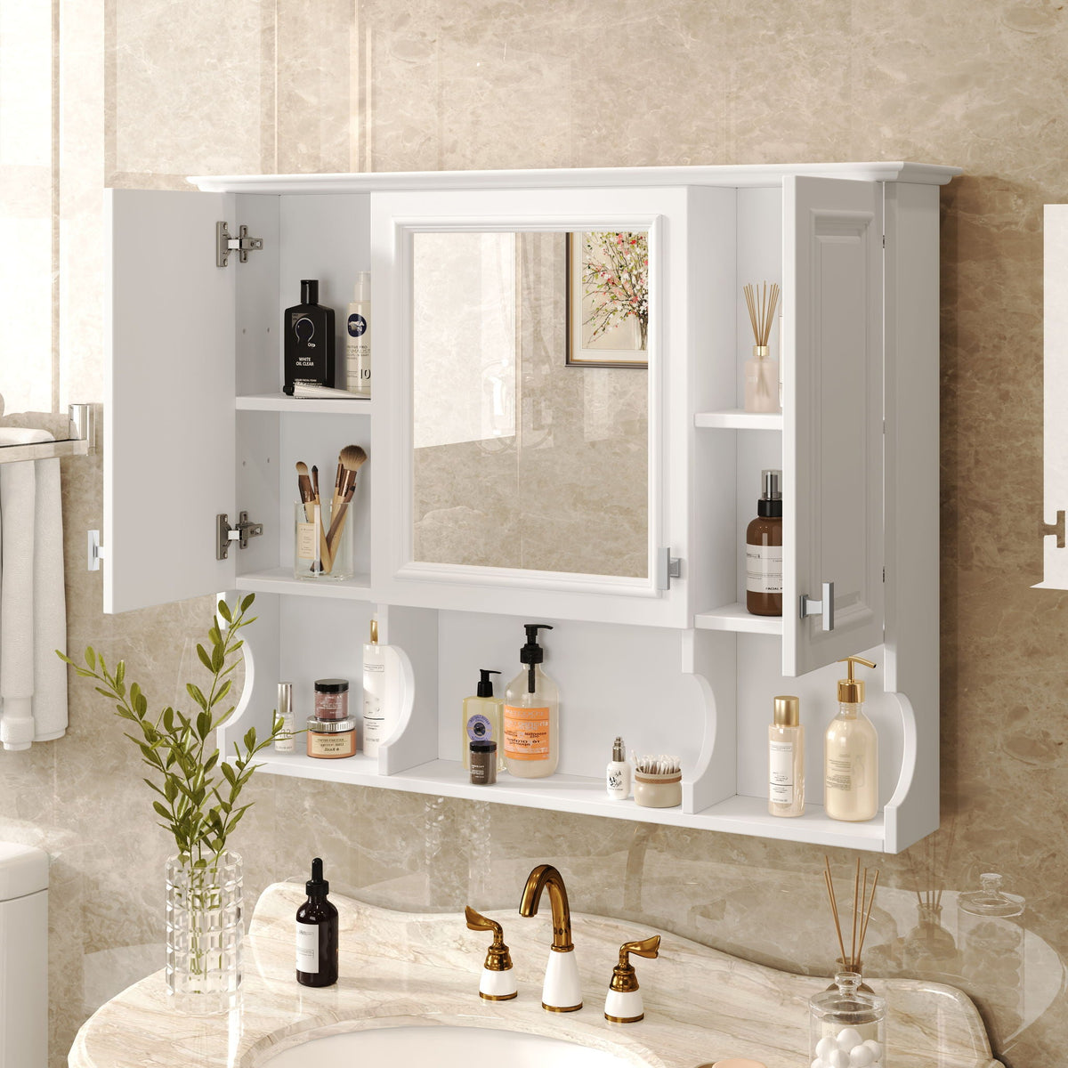 Wall Mounted Bathroom Medicine Wall Cabinet With Mirror & Open Shelves