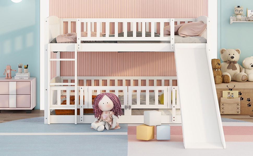 Low Bunk Bed With Slide, Fence And Ladder