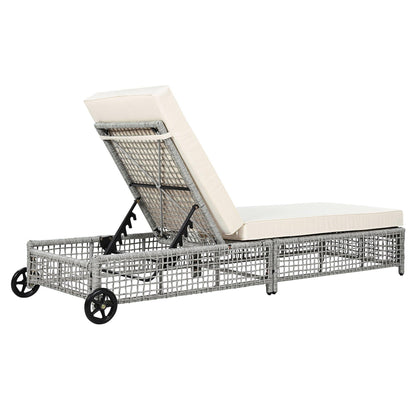 Outdoor Lounge Chair, Patio Chaise Lounge with 5-Position Backrest, Rattan Outdoor Lounge Chair with Cushion and Wheels for Poolside, Backyard, Garden