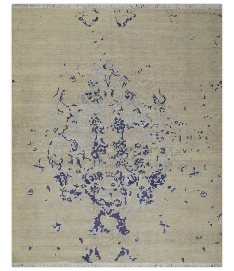 8x10 Beige, Blue and Silver Antique Style, Abstract Hand Knotted Low pile Wool Area Rug