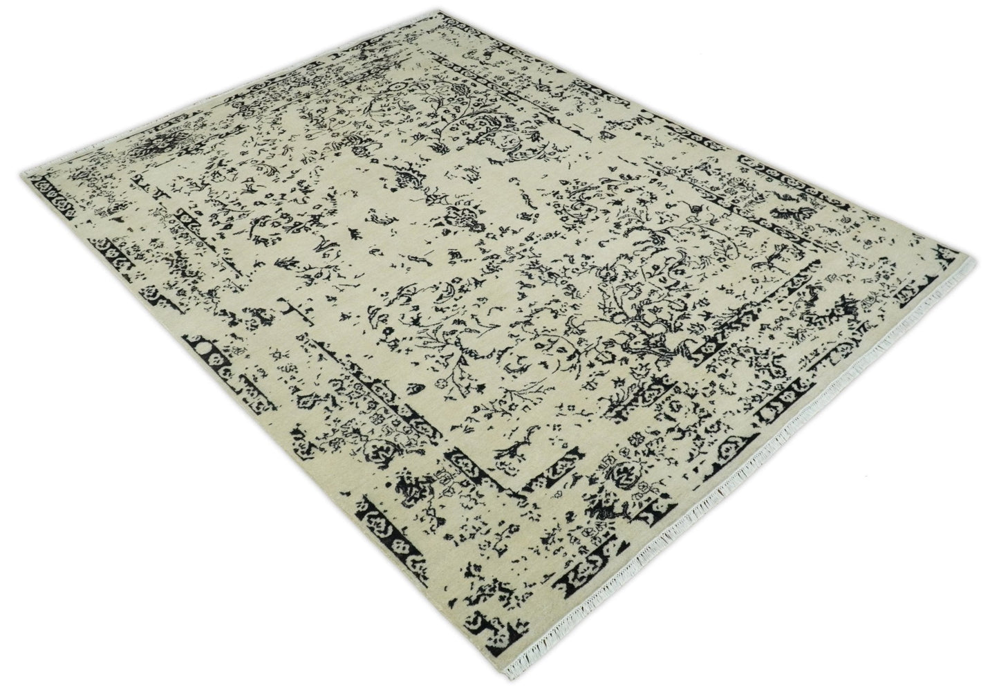 8x10 Fine Hand Knotted Beige and Black Traditional Vintage Persian Antique Wool Rug