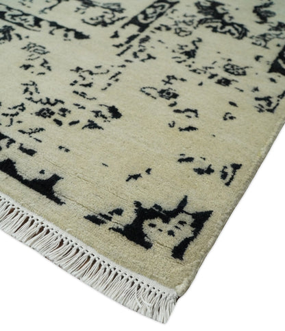 8x10 Fine Hand Knotted Beige and Black Traditional Vintage Persian Antique Wool Rug