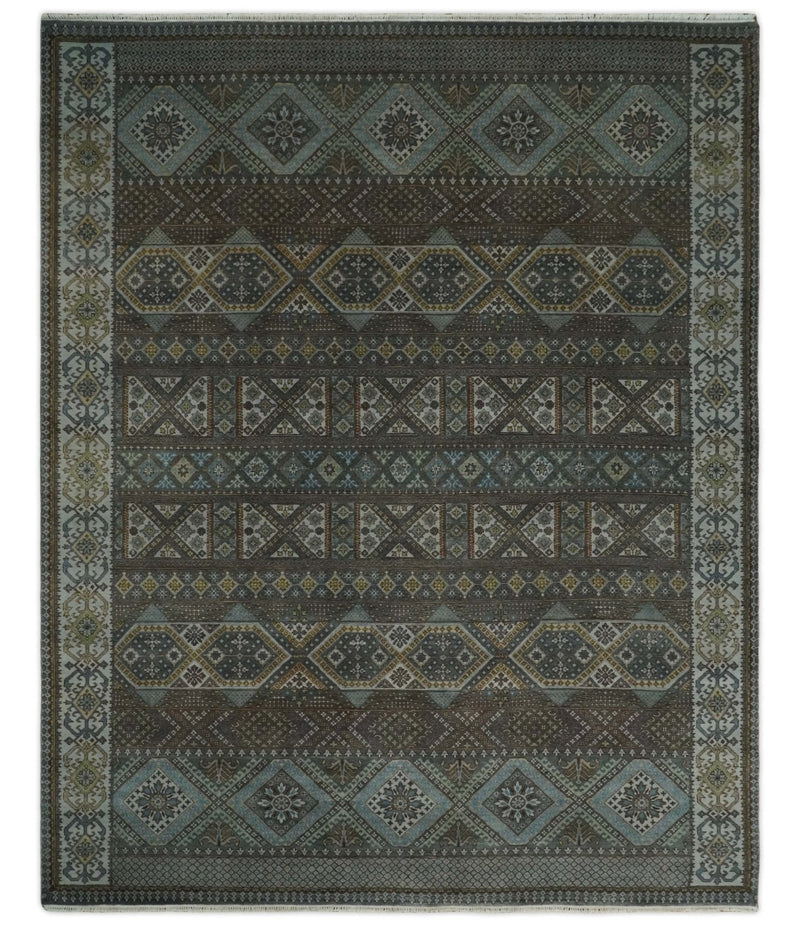 8x10 Fine Hand Knotted Brown and Blue Southwestern Traditional Antique Area Rug