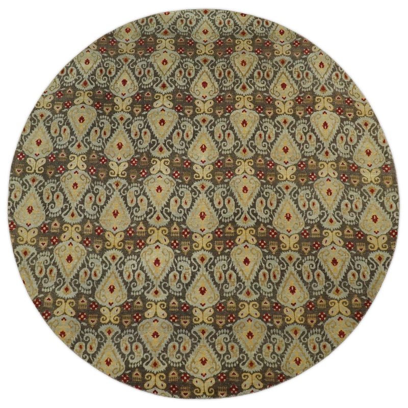 8x8 Round Fine Hand Knotted Brown and Beige Traditional Style Antique Wool Rug