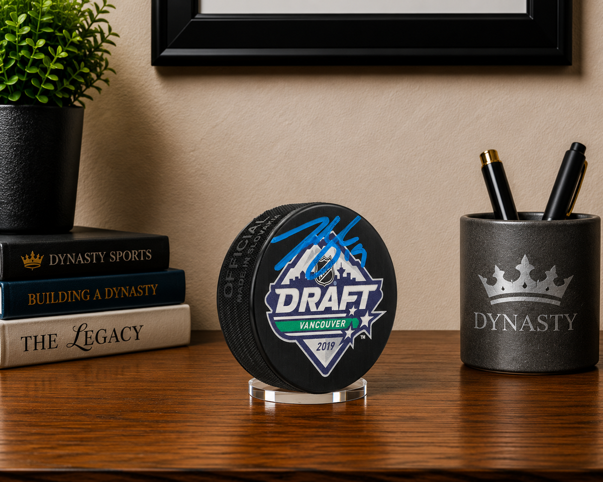 Johnny Beecher Autographed Boston Bruins 2019 Draft Hockey Logo Puck - Blue Signature