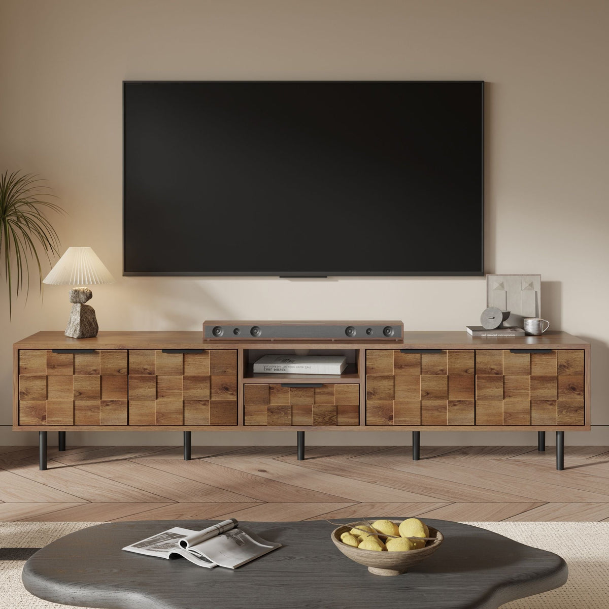 TV Stand, L Shaped Handle Entertainment Console With Storage - Natural