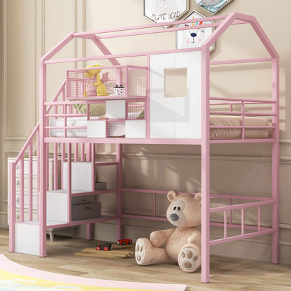 Metal Loft Bed With Roof Design And Storage Box With Guardrails And Integrated Ladder