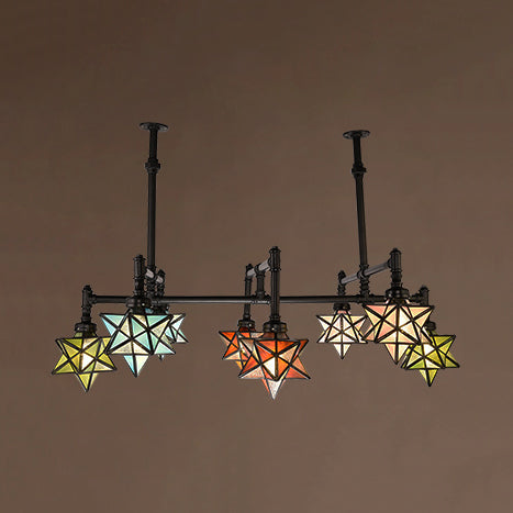 DecorBites™ Rustic Star-Shaped Stained Glass Dining Room Chandelier with 8 Pendant Lights and Hanging Rod